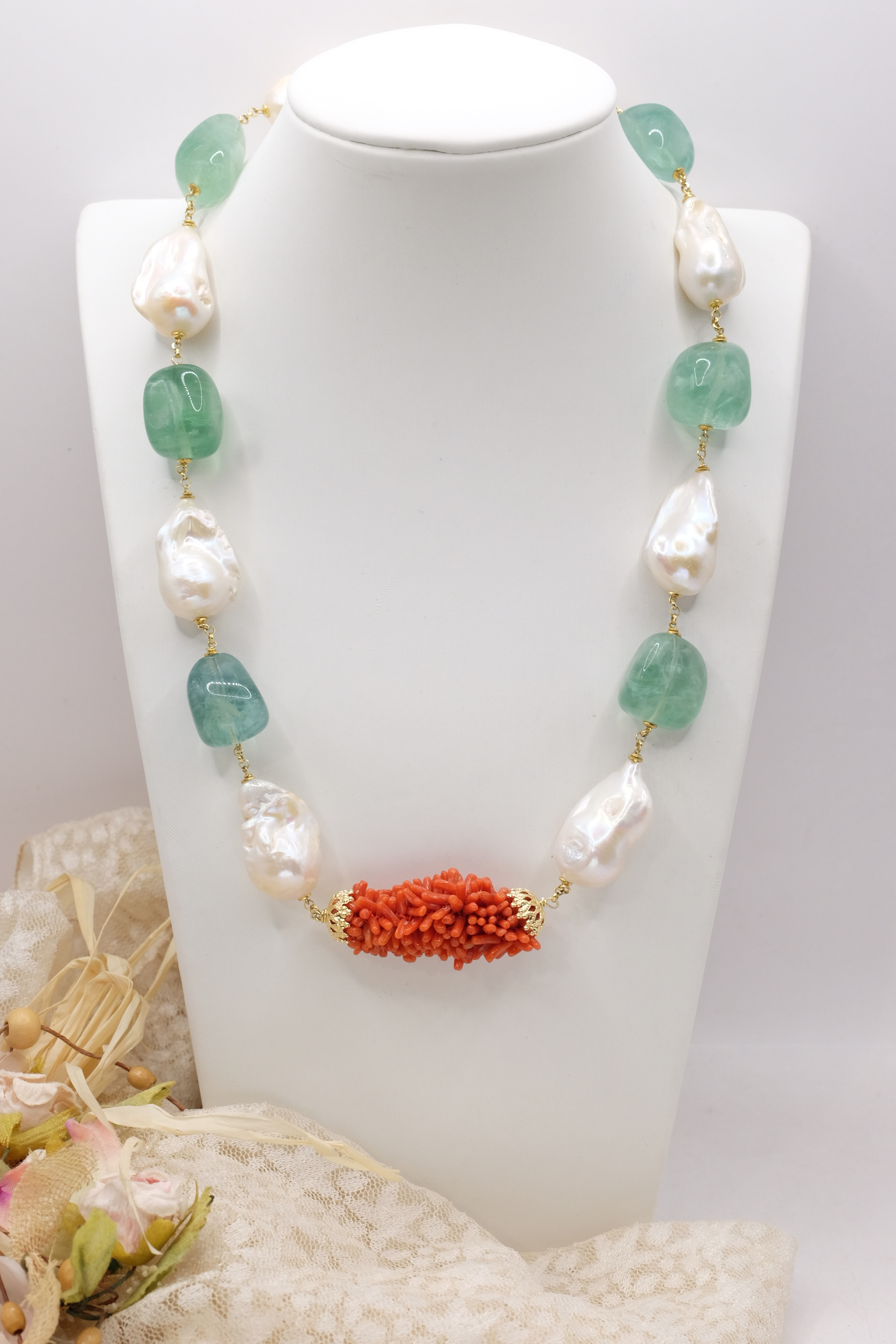 COLLANA ARTIGIANALE ARGENTO CORALLO MEDITERRANEO TESSITO PERLE FLUORITE SMERALDO (2)