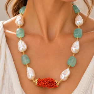 Collana Perle Grandi Naturali Barocche Corallo Tessito Fluorite Argento 925