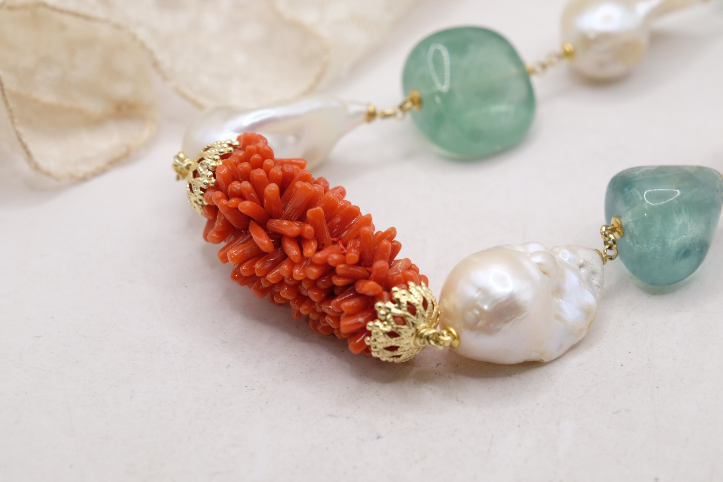 COLLANA ARTIGIANALE ARGENTO CORALLO MEDITERRANEO TESSITO PERLE FLUORITE SMERALDO (4)
