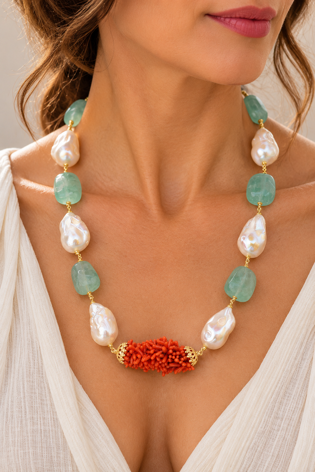 COLLANA ARTIGIANALE ARGENTO CORALLO MEDITERRANEO TESSITO PERLE FLUORITE SMERALDO
