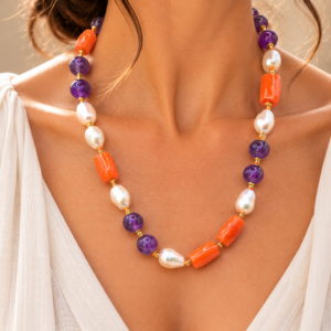 Collana Girocollo Corallo Bamboo Ametista Perle Argento