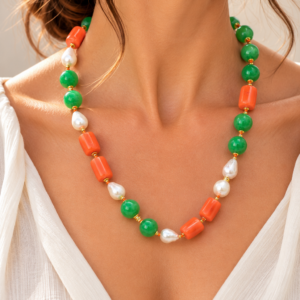 Collana Girocollo Corallo Bamboo Giada Verde Perle Argento