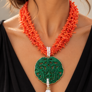 Collana Artigianale Corallo Bamboo Salmone Mandala Perle