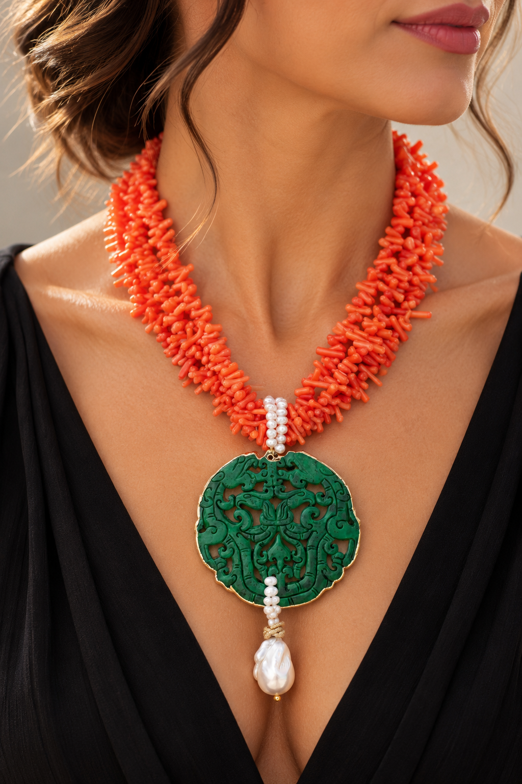 COLLANA ARTIGIANALE CORALLO BAMBOO SALMONE RAMETTI MANDALA GIADA VERDE PERLE