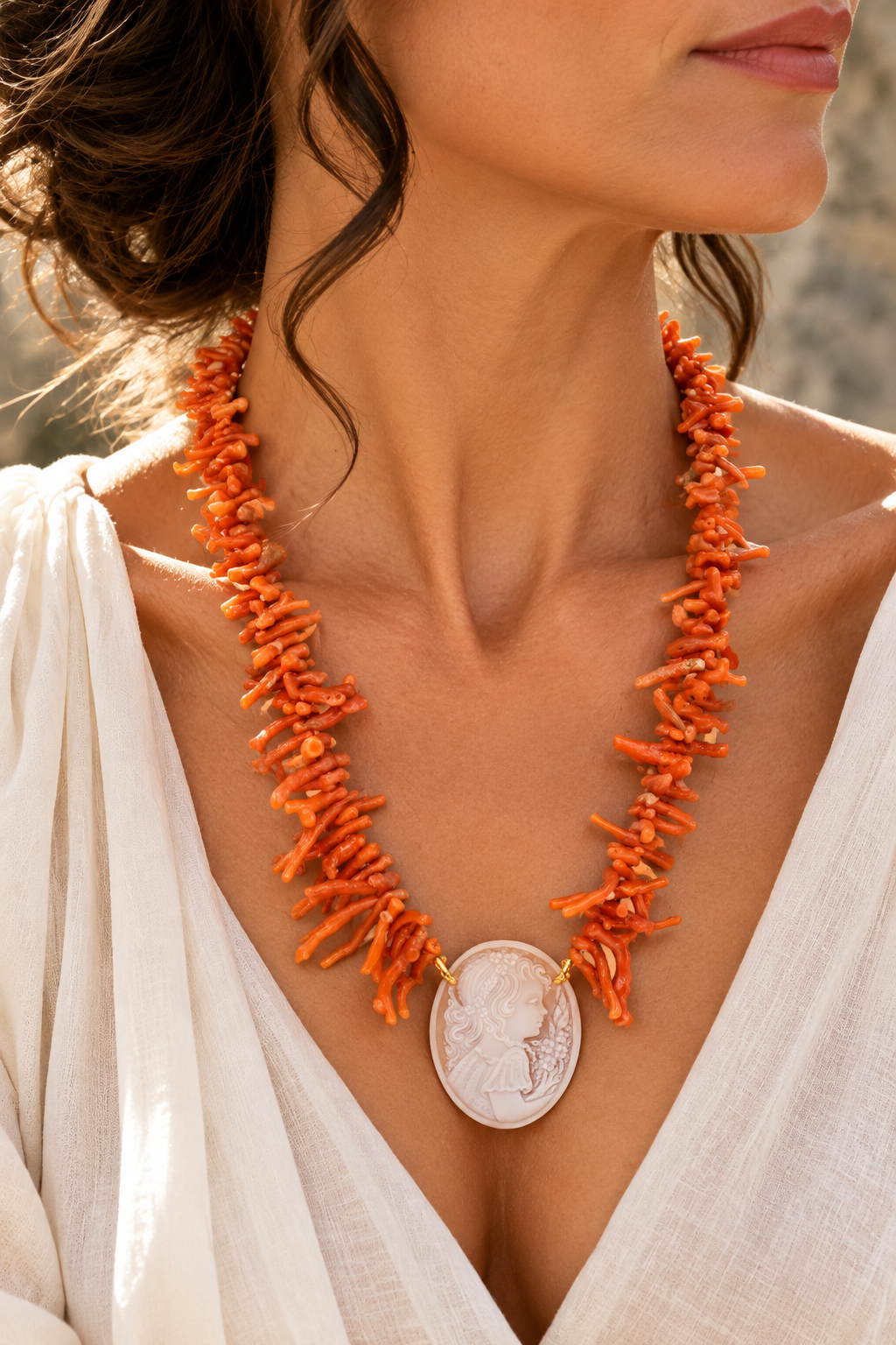 COLLANA ARTIGIANALE CORALLO DEL MEDITERRANEO CAMMEO DI TORRE DEL GRECO ACCIAIO