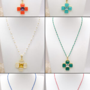 Collana Artigianale Zirconi Ciondolo Croce Occhio di Gatto 6 Colori