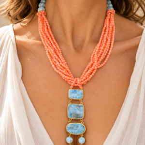 Collana Multifilo 8 Fili Corallo Bamboo Rosa Salmone Larimar Argento