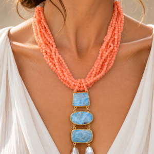 Collana Multifilo 8 Fili Corallo Bamboo Rosa Salmone Larimar Perle Argento