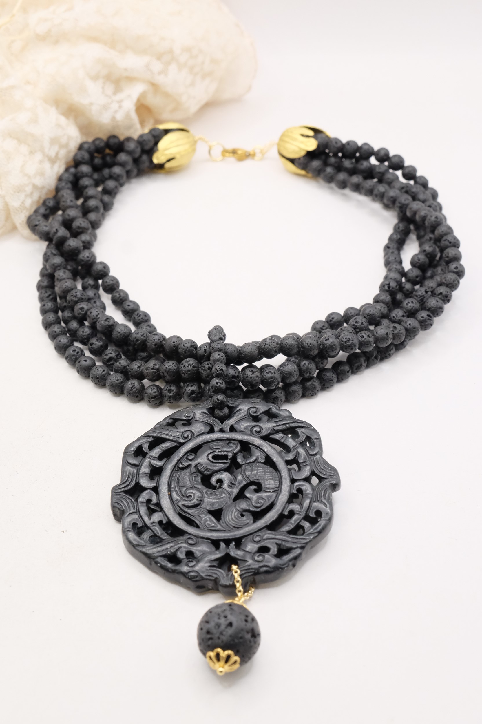 COLLANA ARTIGIANALE MULTIFILO PIETRA LAVICA MANDALA GIADA NERO (1)