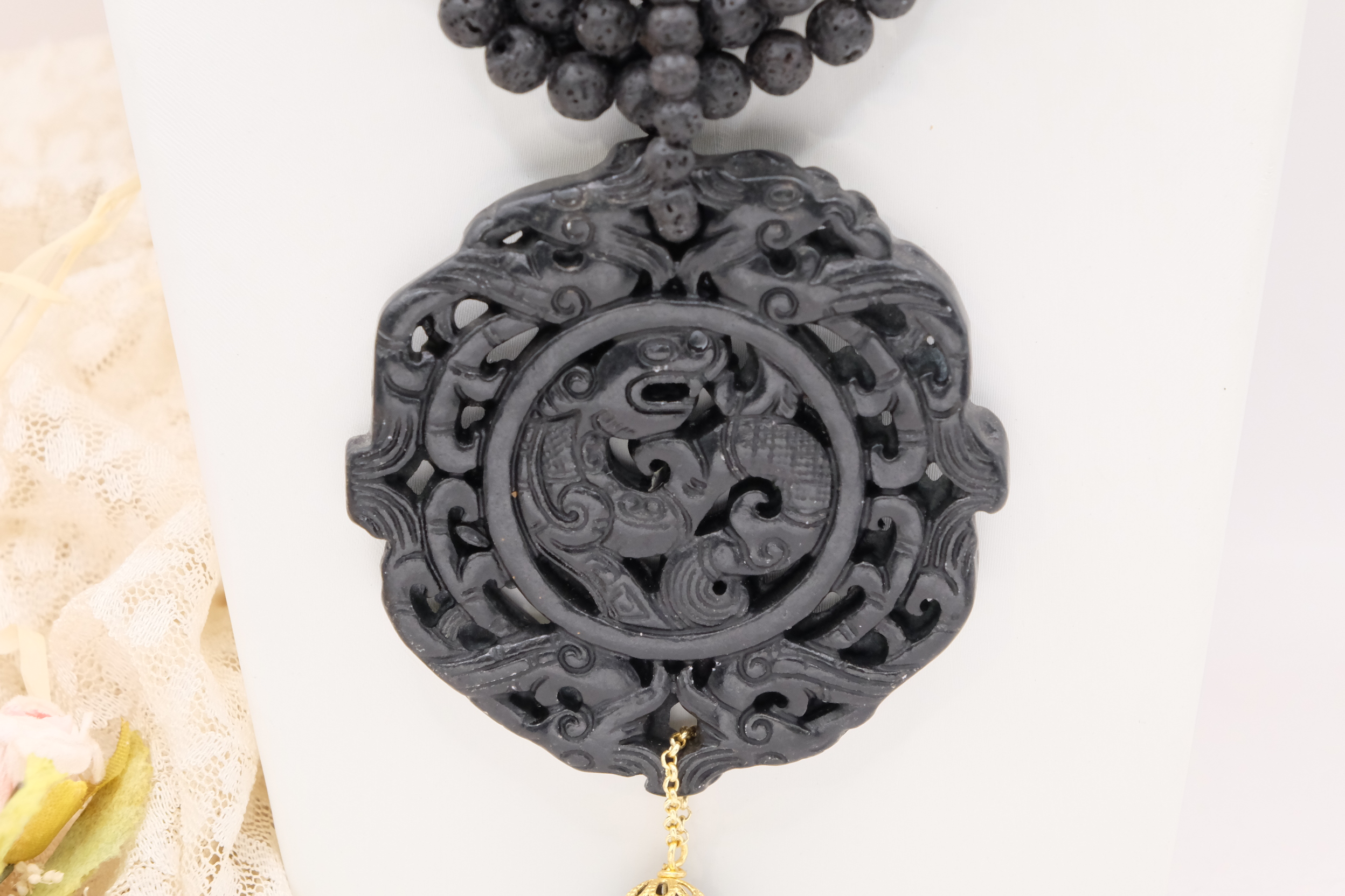 COLLANA ARTIGIANALE MULTIFILO PIETRA LAVICA MANDALA GIADA NERO (3)