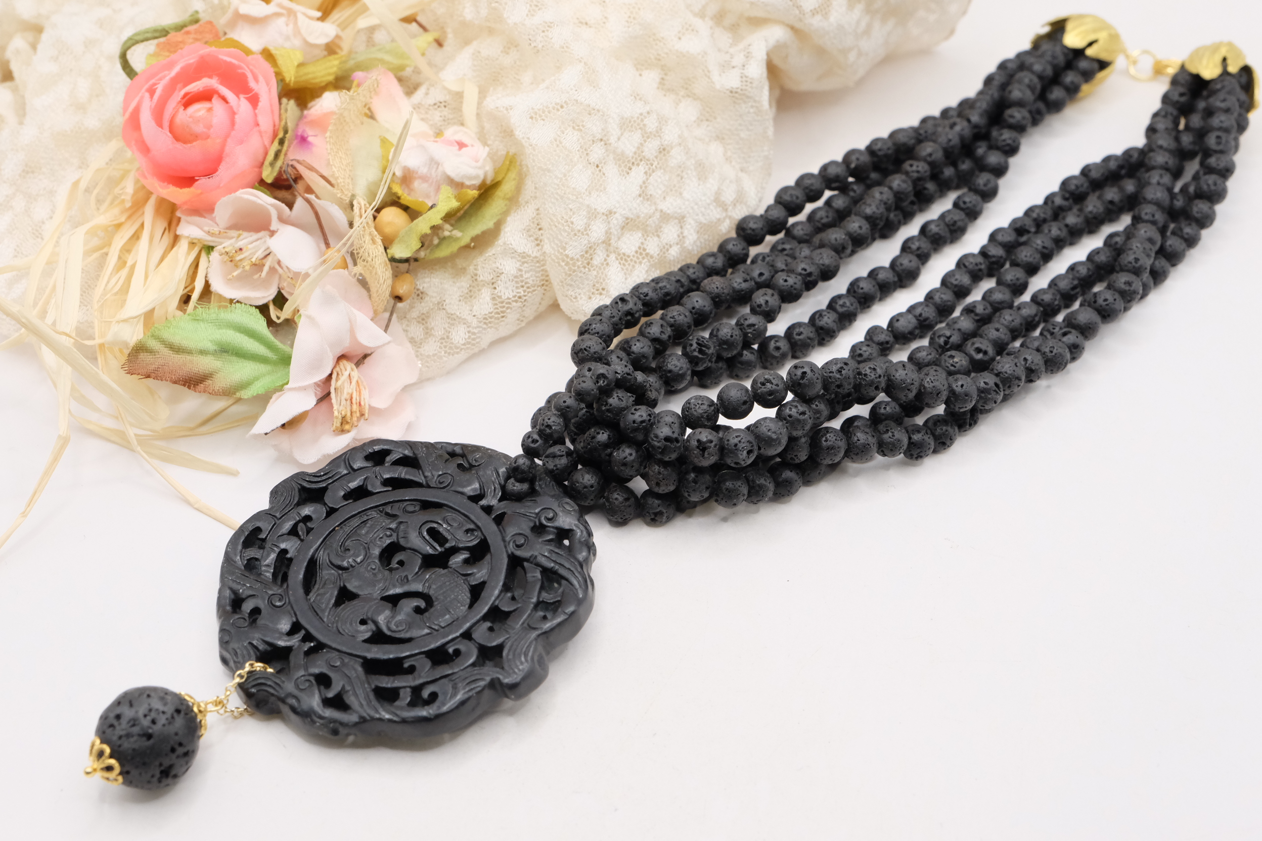 COLLANA ARTIGIANALE MULTIFILO PIETRA LAVICA MANDALA GIADA NERO (4)