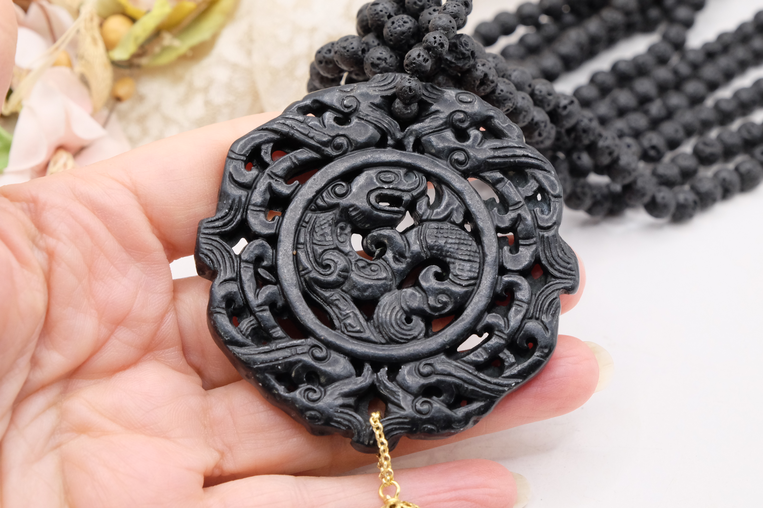 COLLANA ARTIGIANALE MULTIFILO PIETRA LAVICA MANDALA GIADA NERO (5)