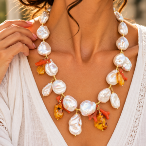 Collana Preziosa Perle Ambra Corallo Mediterraneo Argento