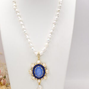 Collana Microperle Pendente Staccabile Vittoriano Quarzo Blu Ottone Acciaio