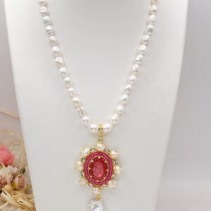 Collana Microperle Pendente Staccabile Vittoriano Quarzo Rosso Rubino Ottone Acciaio