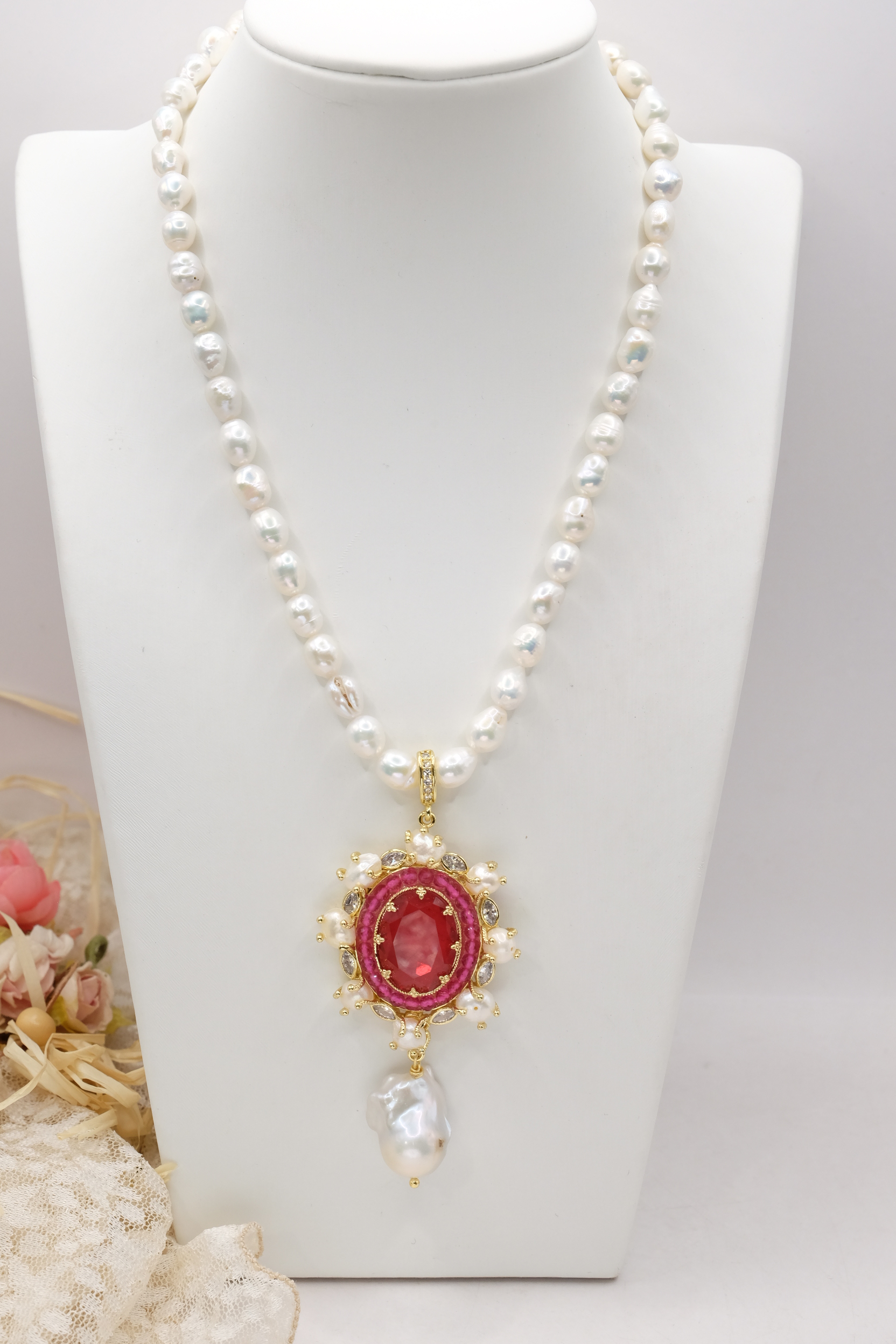 COLLANA ARTIGIANALE PERLE PENDENTE STACCABILE QUARZO ROSSO RUBINO ZIRCONI ACCIAIO (1)