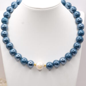 Collana Collarino in Ceramica Blu e Perla Barocca