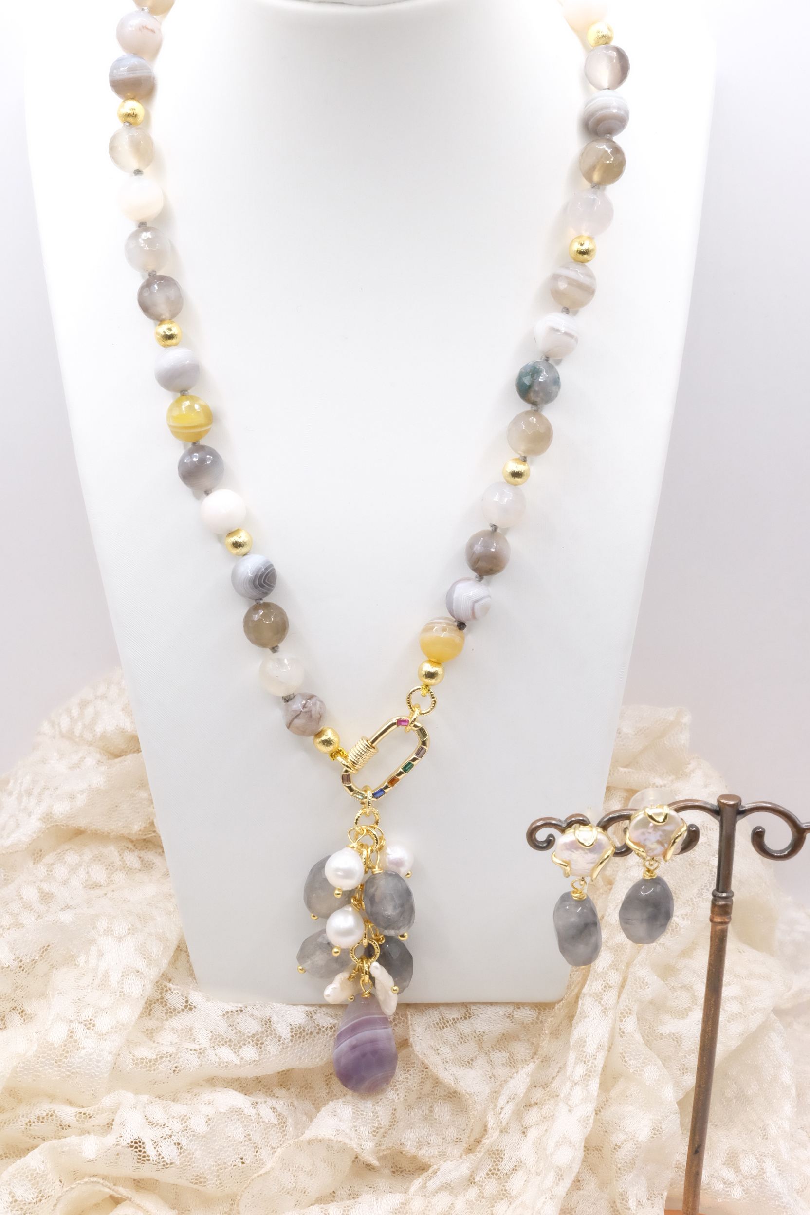COLLANA E ORECCHINI PARURE AGATA FUME' PERLE CRISTALLI ARTIGIANALE (1)