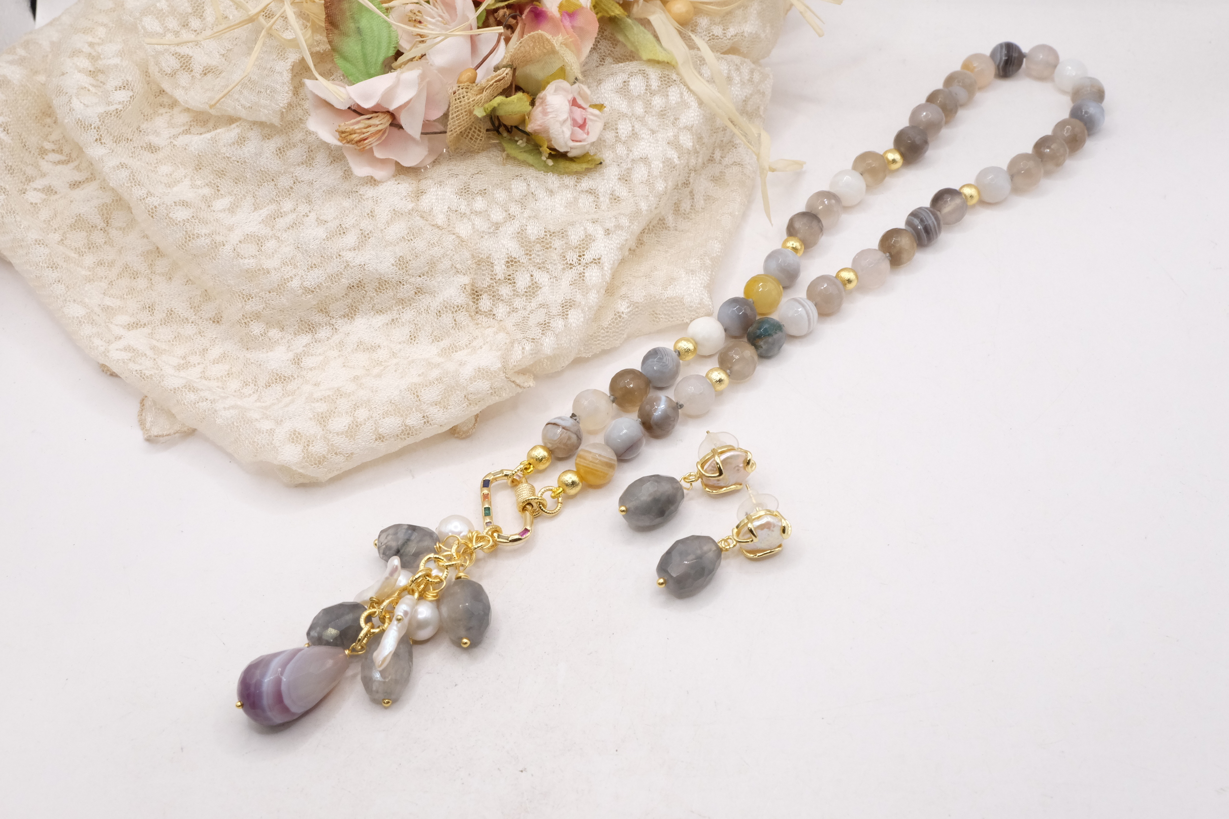 COLLANA E ORECCHINI PARURE AGATA FUME' PERLE CRISTALLI ARTIGIANALE (2)