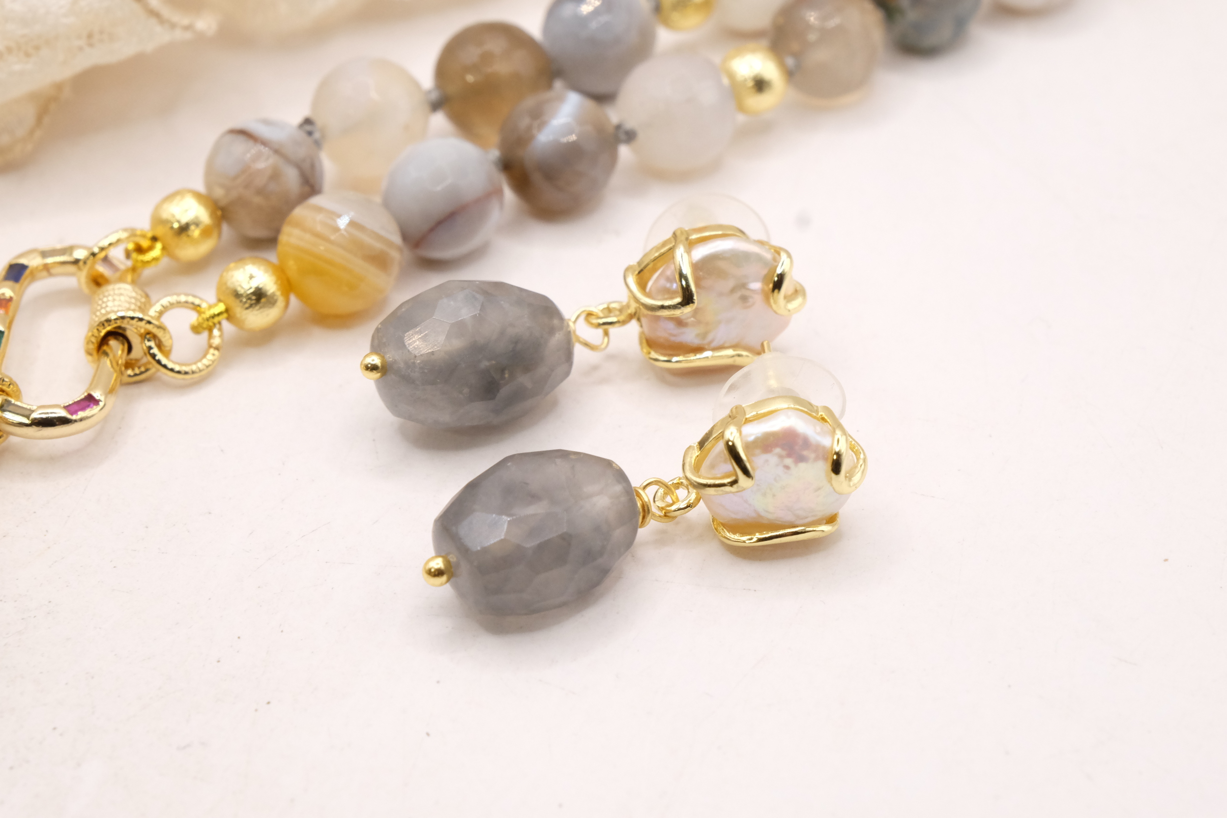 COLLANA E ORECCHINI PARURE AGATA FUME' PERLE CRISTALLI ARTIGIANALE (4)