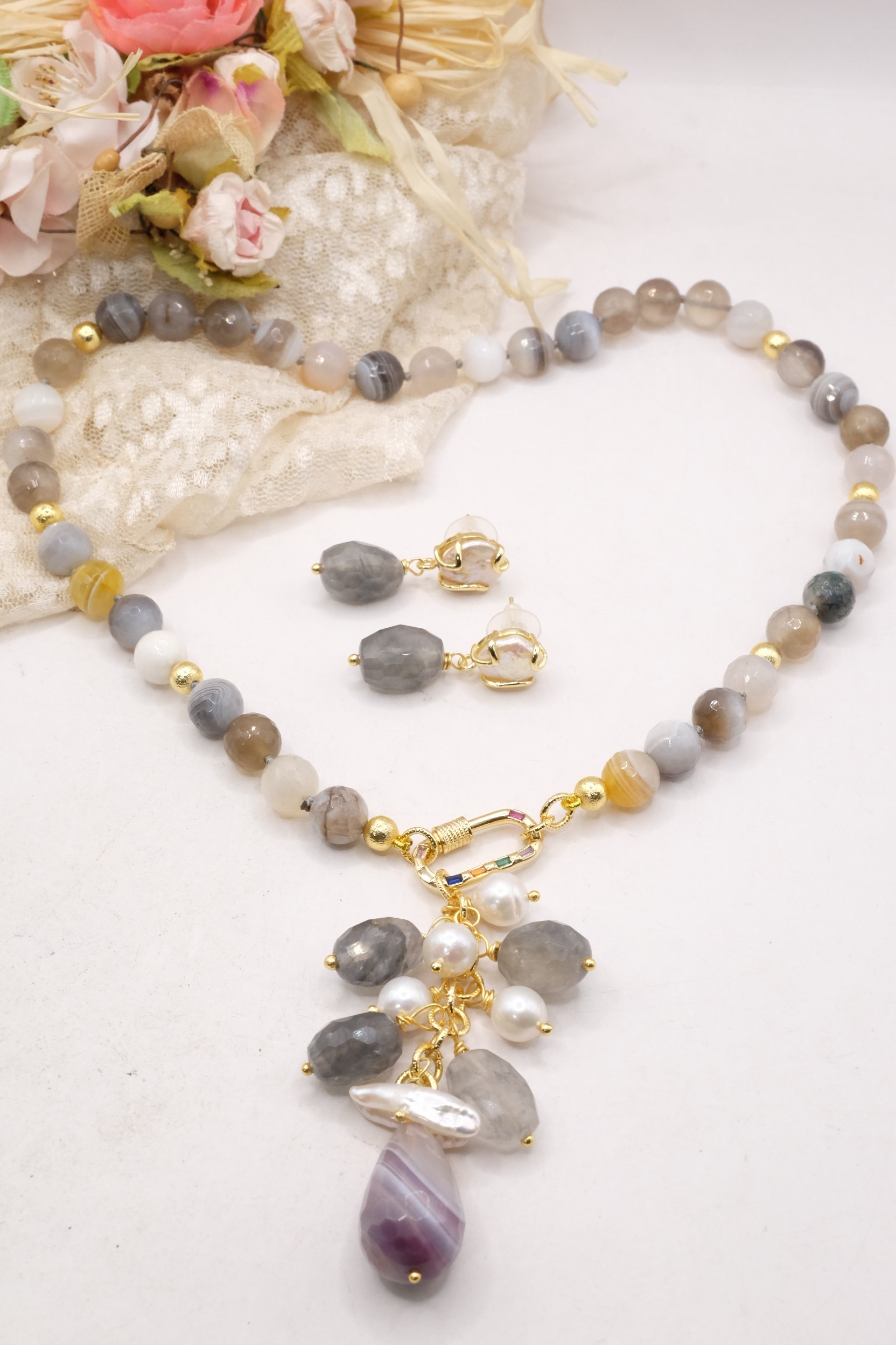 COLLANA E ORECCHINI PARURE AGATA FUME' PERLE CRISTALLI ARTIGIANALE (5)