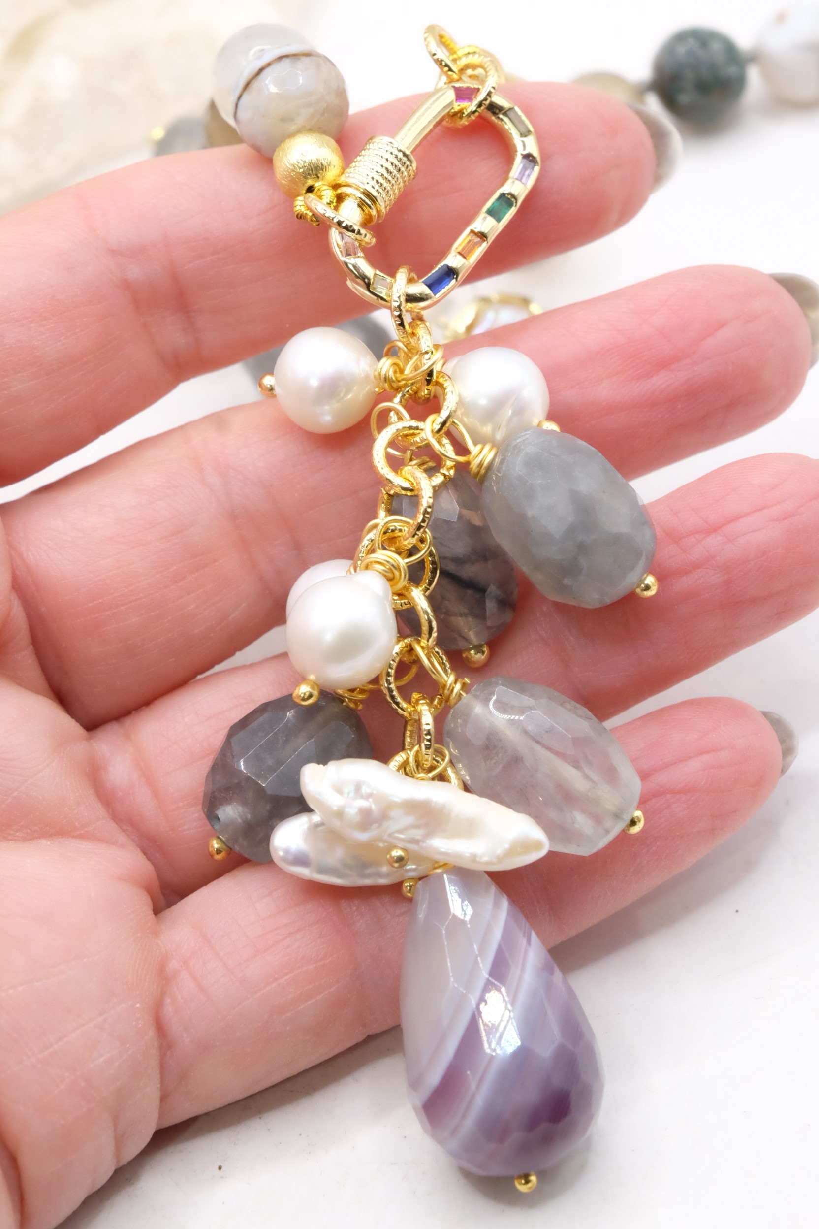 COLLANA E ORECCHINI PARURE AGATA FUME' PERLE CRISTALLI ARTIGIANALE (6)