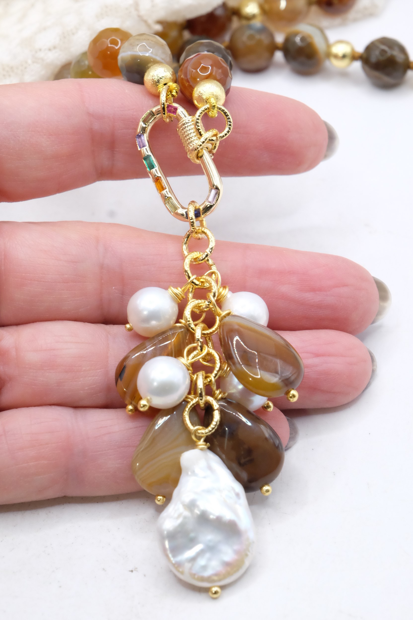 COLLANA E ORECCHINI PARURE AGATA VARIEGATA PERLE CRISTALLI ARTIGIANALE (1)