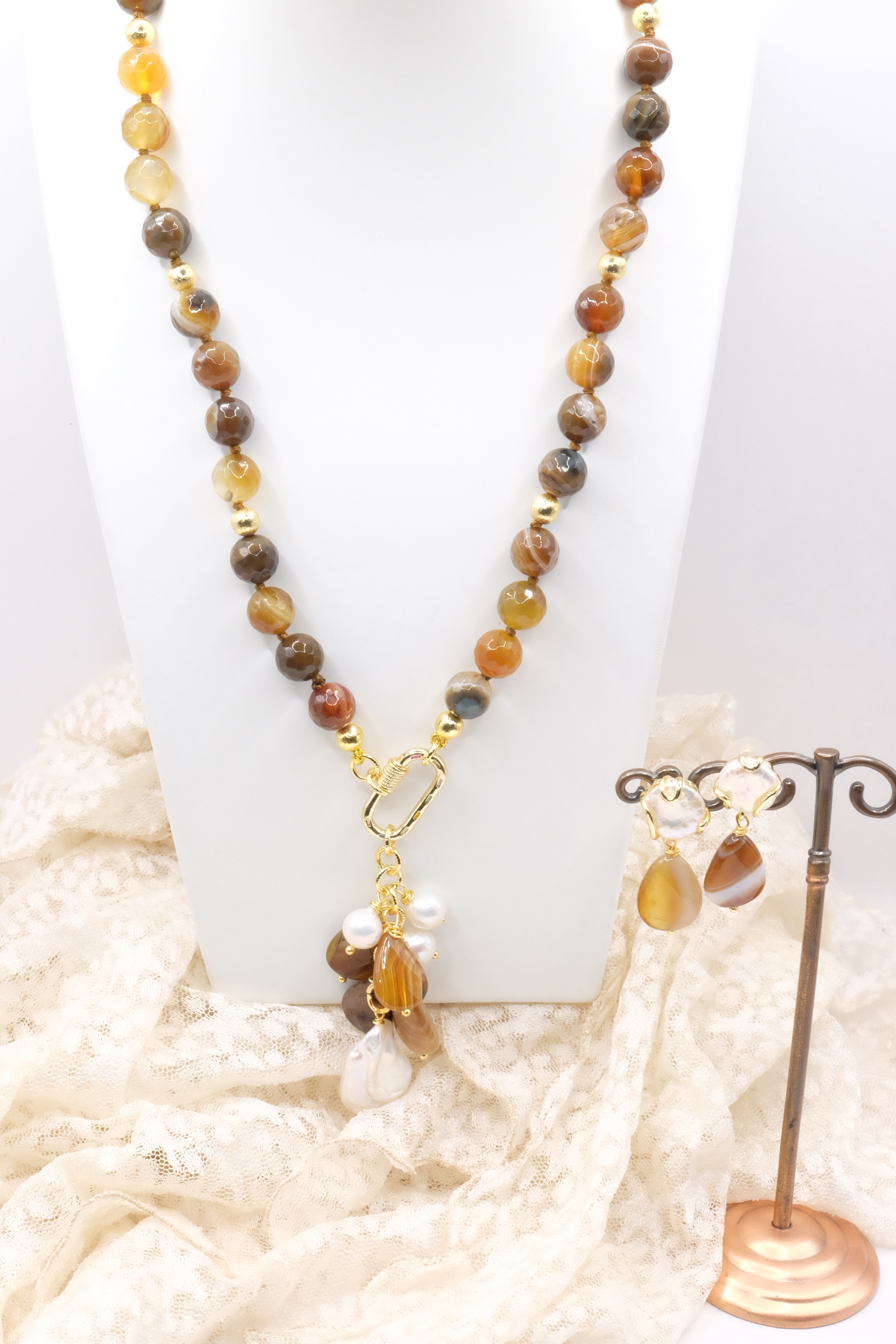 COLLANA E ORECCHINI PARURE AGATA VARIEGATA PERLE CRISTALLI ARTIGIANALE (2)