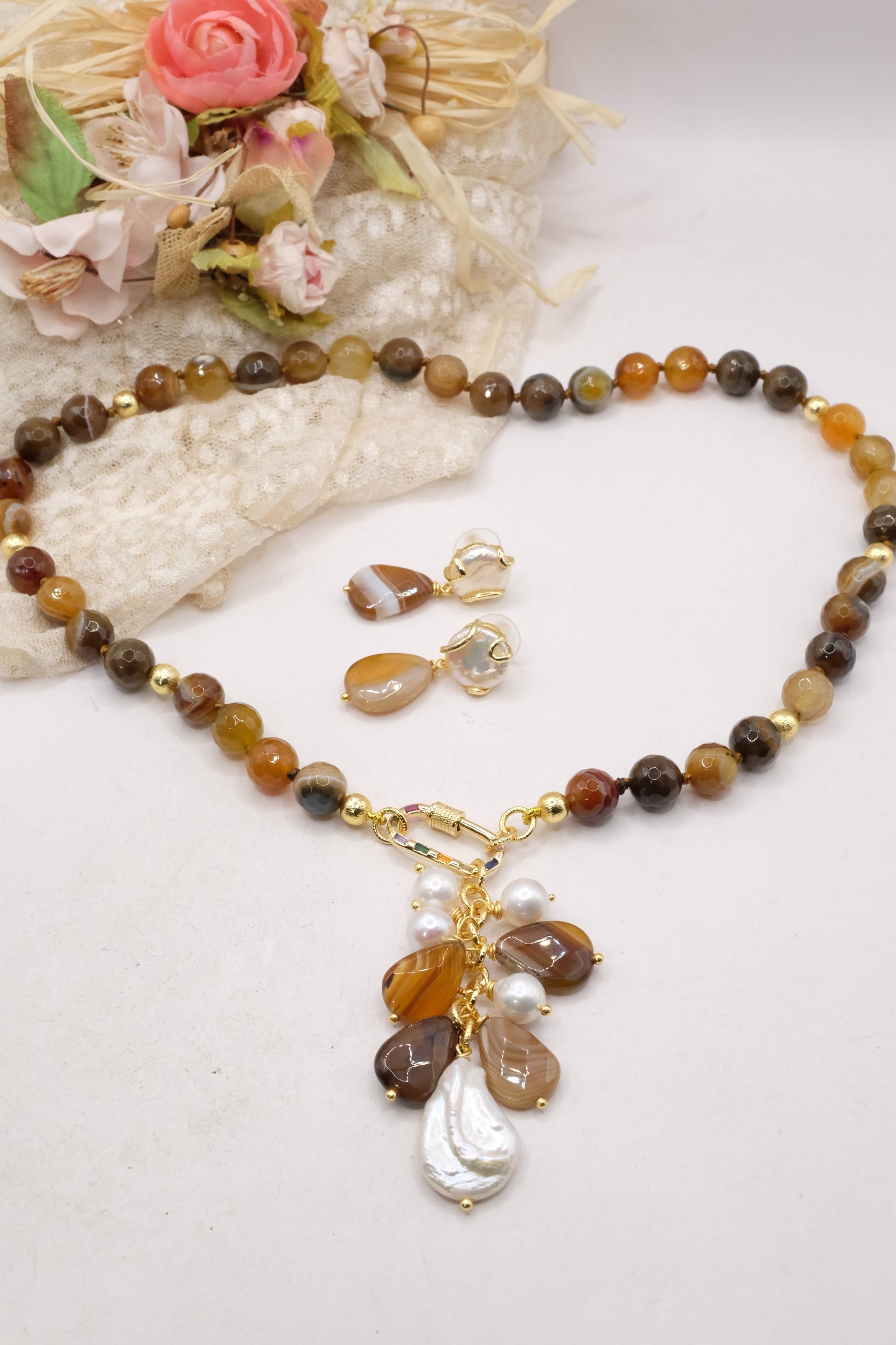 COLLANA E ORECCHINI PARURE AGATA VARIEGATA PERLE CRISTALLI ARTIGIANALE (3)