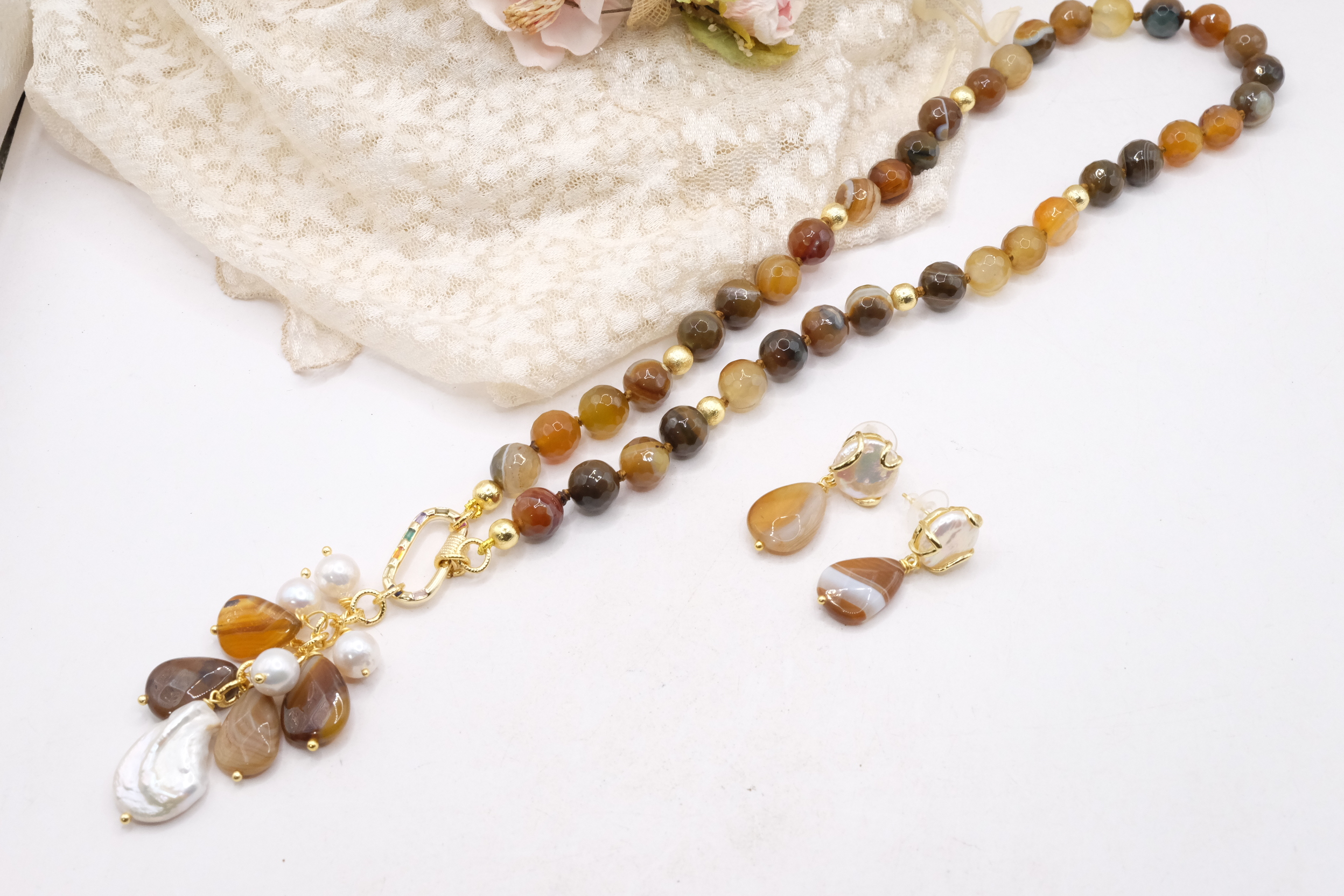 COLLANA E ORECCHINI PARURE AGATA VARIEGATA PERLE CRISTALLI ARTIGIANALE (5)