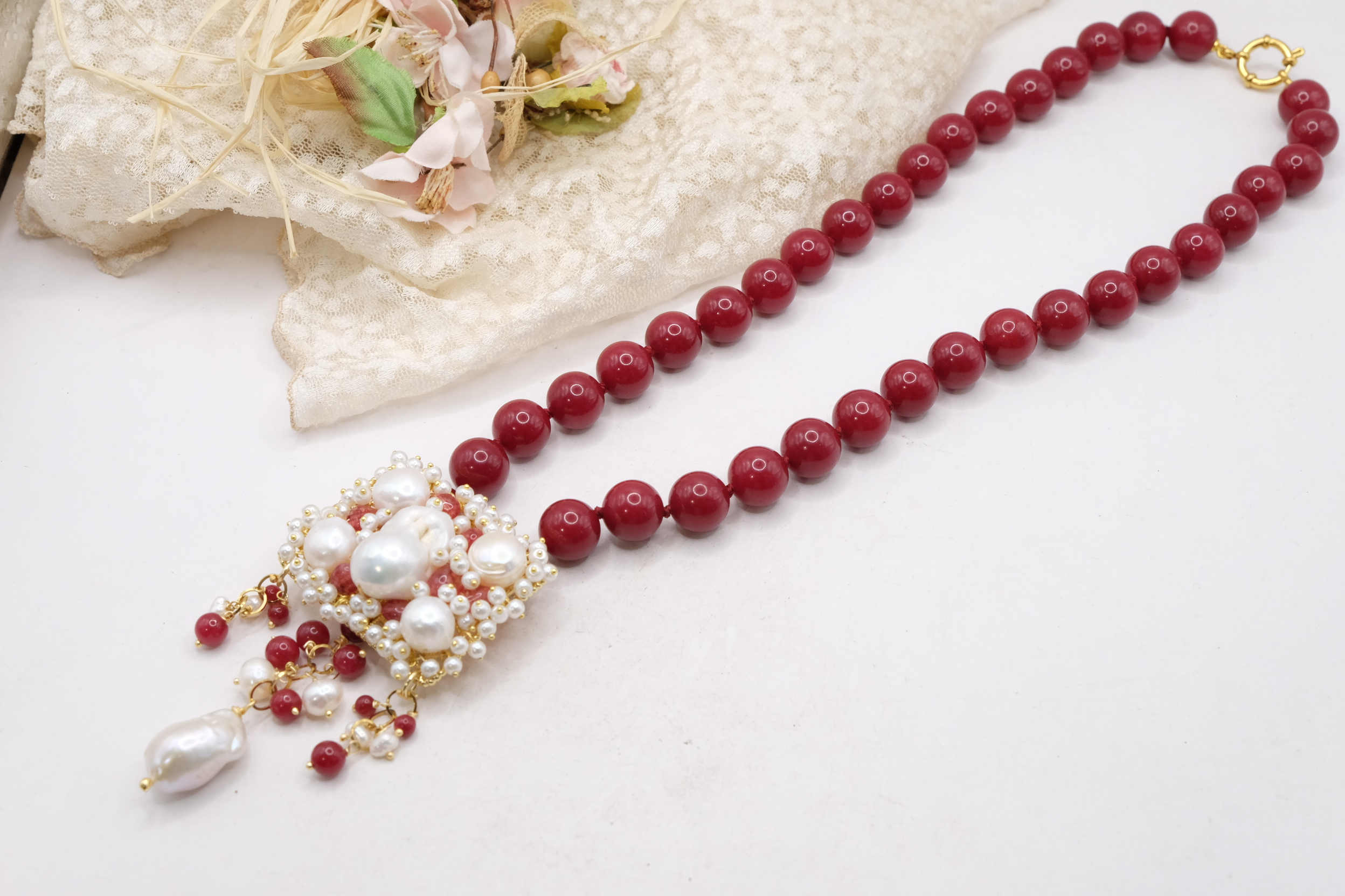 COLLANA GIADA BORGOGNA CENTRALE TESSITO PERLE GIADA ARTIGIANALE (3)