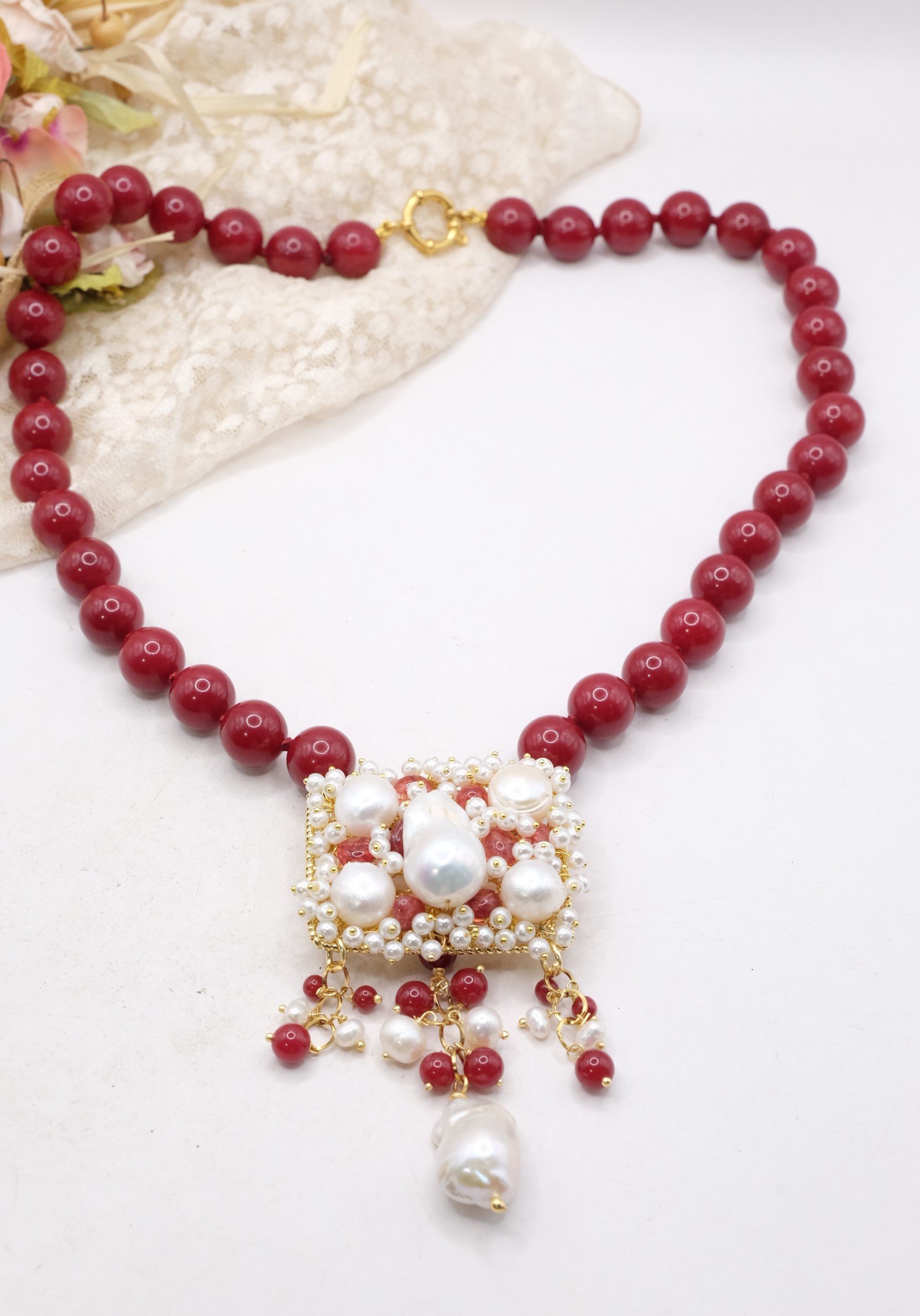 COLLANA GIADA BORGOGNA CENTRALE TESSITO PERLE GIADA ARTIGIANALE (4)