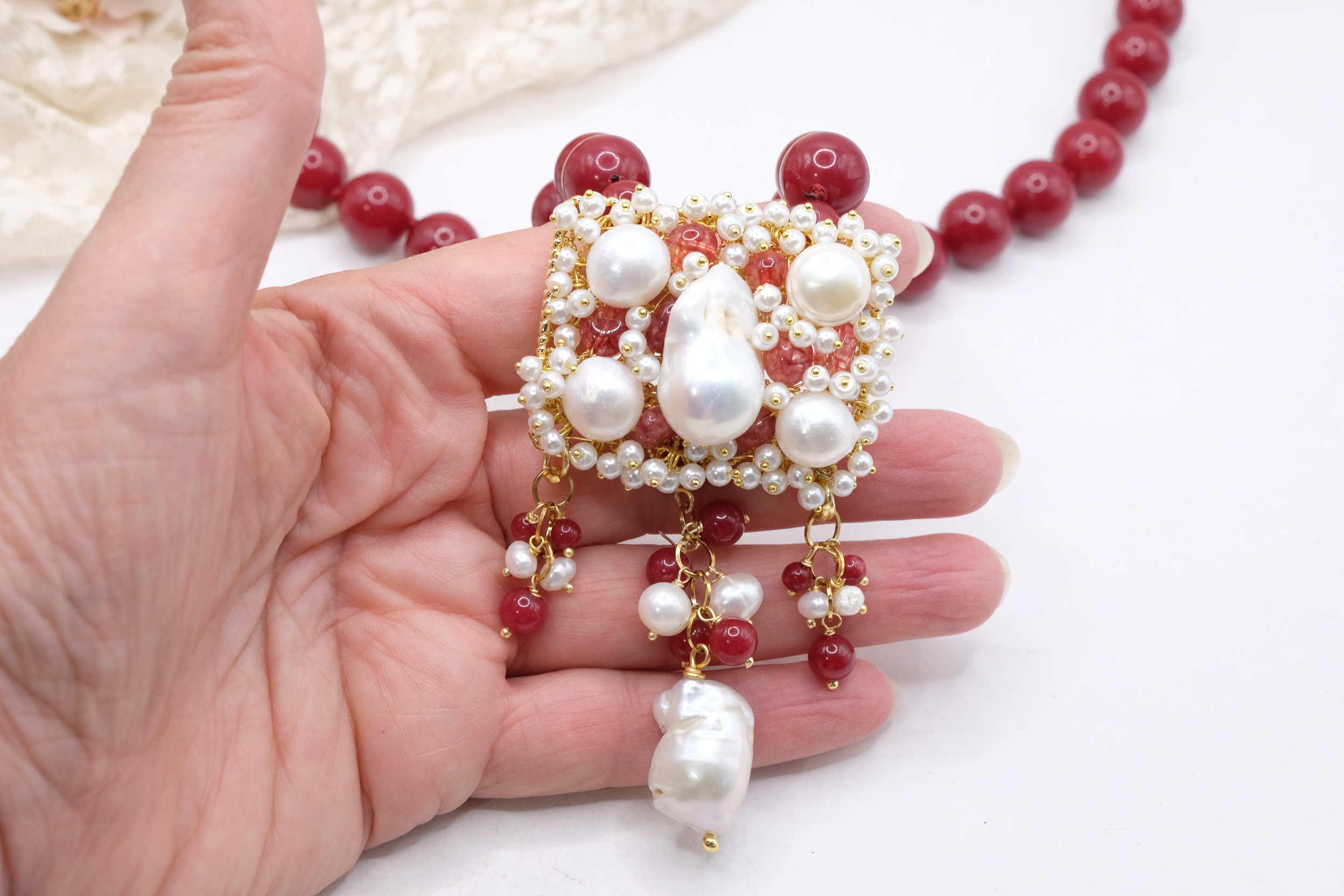 COLLANA GIADA BORGOGNA CENTRALE TESSITO PERLE GIADA ARTIGIANALE (5)
