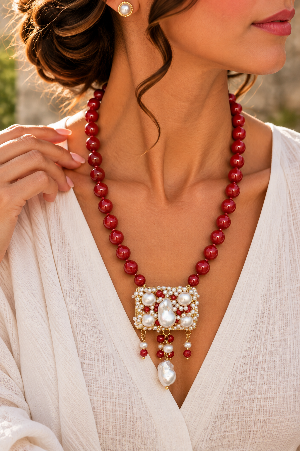 COLLANA GIADA BORGOGNA CENTRALE TESSITO PERLE GIADA ARTIGIANALE