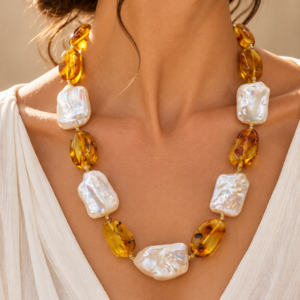 Collana Perle Grandi Naturali Barocche Ambra Miele Argento 925