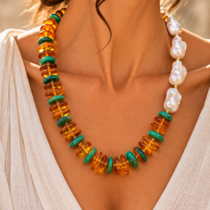 Collana Perle Grandi Naturali Barocche Ambra Miele Malachite Argento 925