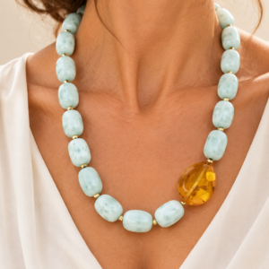 Collana Preziosa Larimar Ambra Argento 925 Placcato Oro