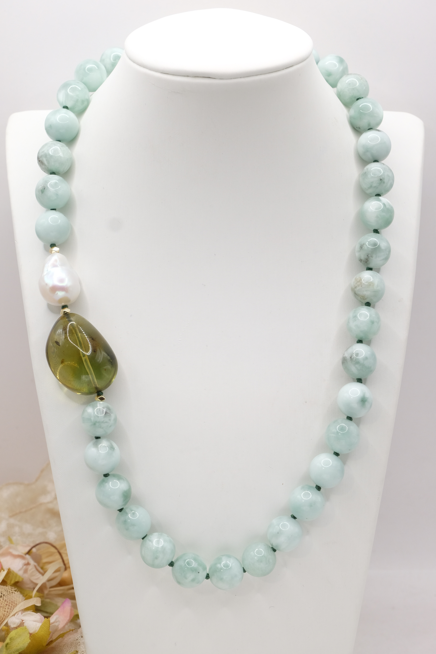 COLLANA PREZIOSA LARIMAR VERDE AMBRA DEL BALTICO VERDE ARGENTO 925 PLACCATO ORO (2)