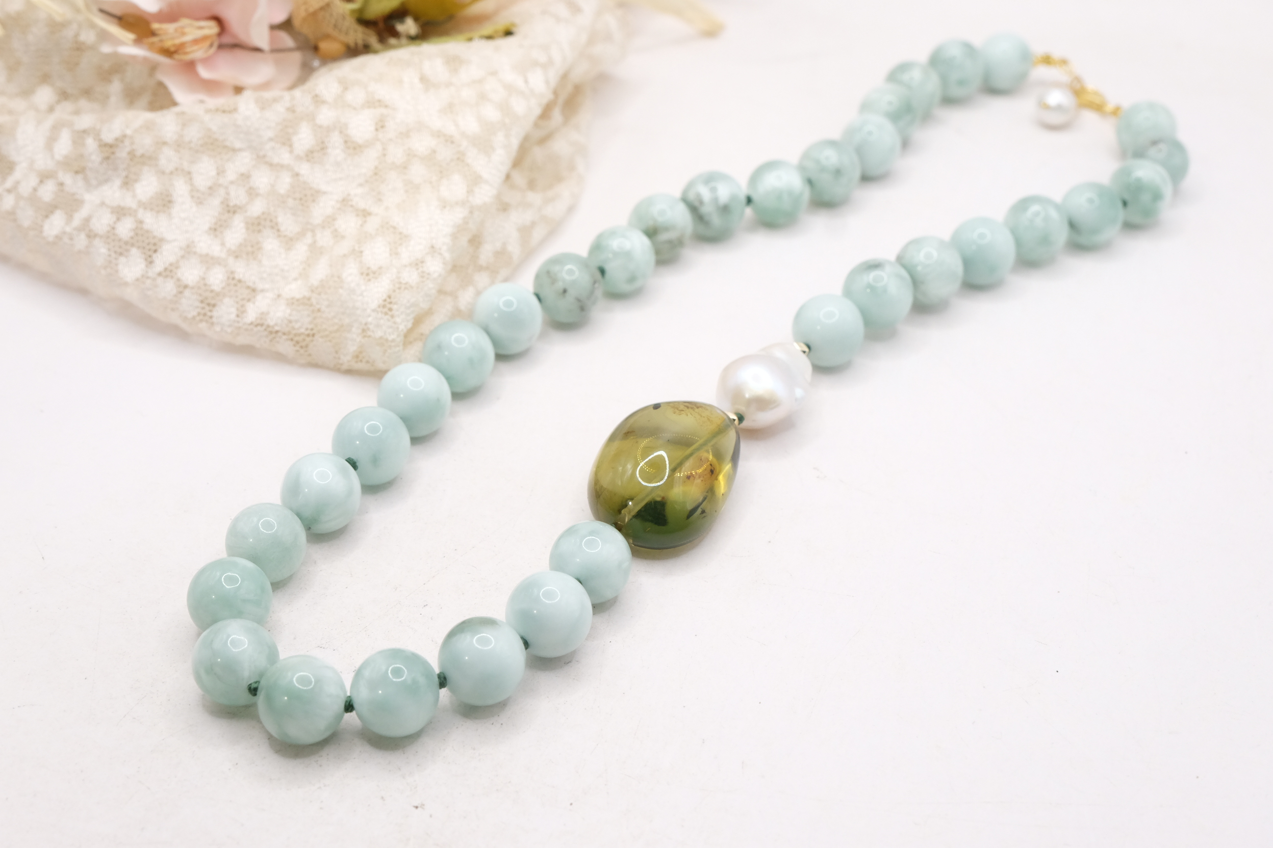COLLANA PREZIOSA LARIMAR VERDE AMBRA DEL BALTICO VERDE ARGENTO 925 PLACCATO ORO (3)
