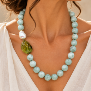 Collana Preziosa Larimar Perla Ambra Argento 925 Placcato Oro