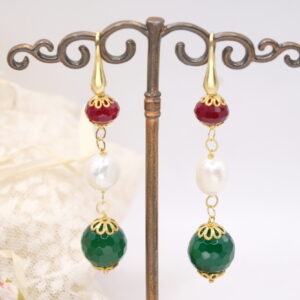 Orecchini Pendenti Giada Verde Giada Borgogna Perle Argento 925 Dorato