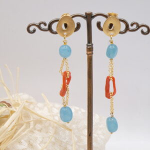 Orecchini pendentissimi giada azzurra corallo rosso Mediterraneo zama perno