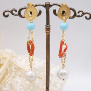 Orecchini pendentissimi pasta di turchese perle corallo rosso Mediterraneo zama perno