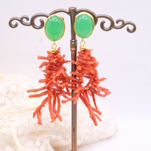 Orecchini importanti giada verde corallo rosso Mediterraneo e argento 925