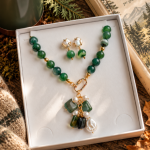 Parure Collana e Orecchini Agata Verde Bosco e Perle Naturali