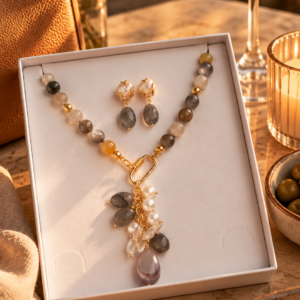 Parure Collana e Orecchini Agata Fumé e Perle Naturali