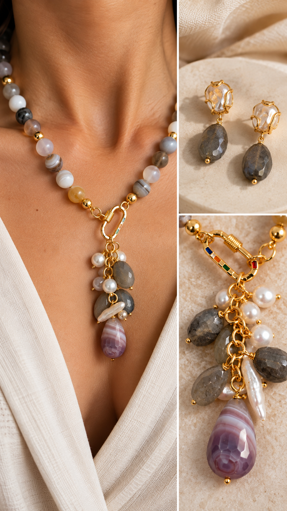Parure Collana e Orecchini Agata Fumé e Perle Naturali (5)