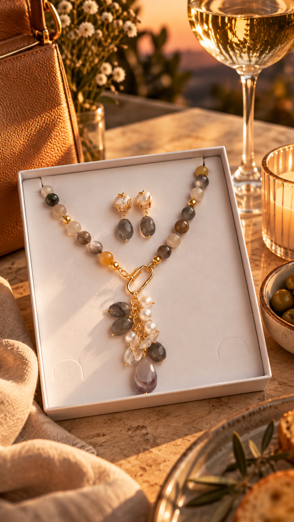 Parure Collana e Orecchini Agata Fumé e Perle Naturali
