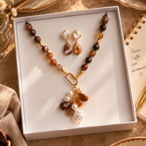 Parure Collana e Orecchini Agata Nocciola e Perle Naturali