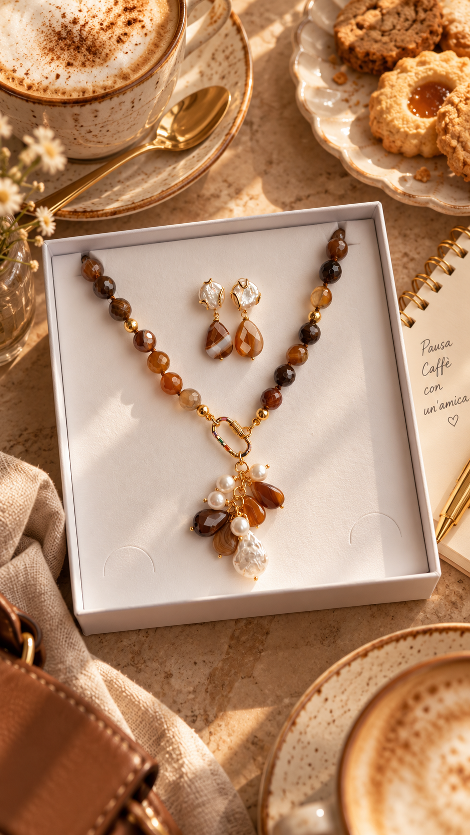 Parure Collana e Orecchini Agata Nocciola e Perle Naturali